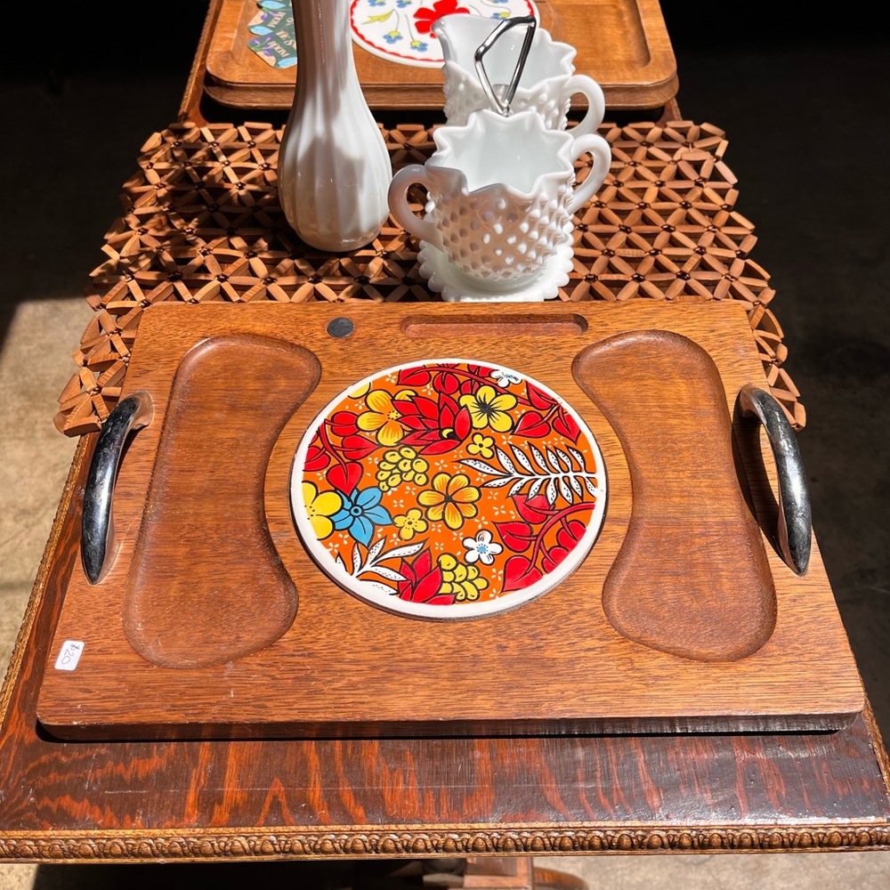 Vintage Wooden Serving Tray with Red Floral Tile